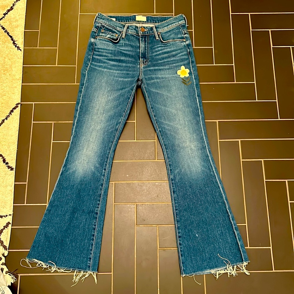 MOTHER Blue Flare Jeans with Yellow Flower Patch